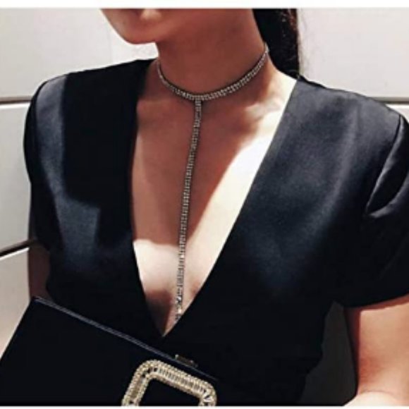 Double Row Crystal Tassel Choker Necklace - Picture 4 of 5